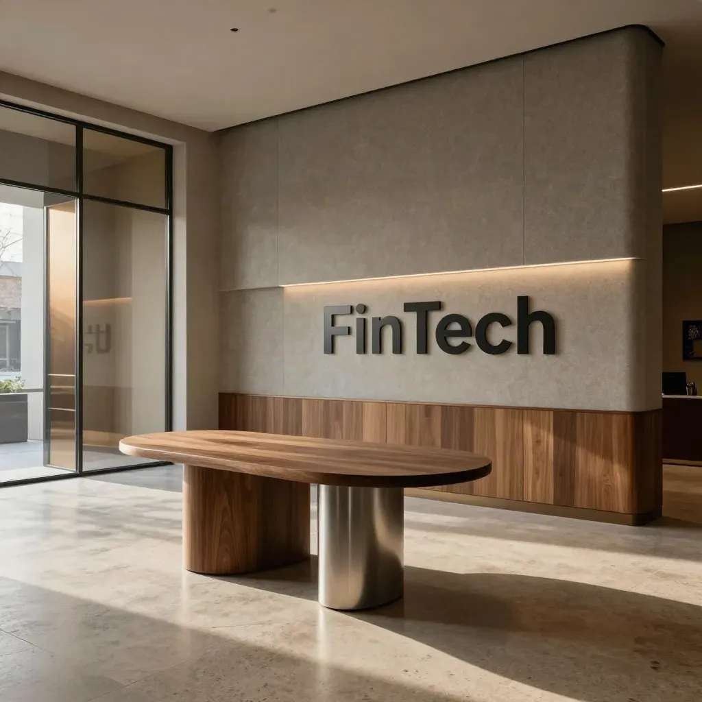Ruhige FinTech-Lobby mit Leuchtsäule, Akustikpaneelen und edlen Materialien.