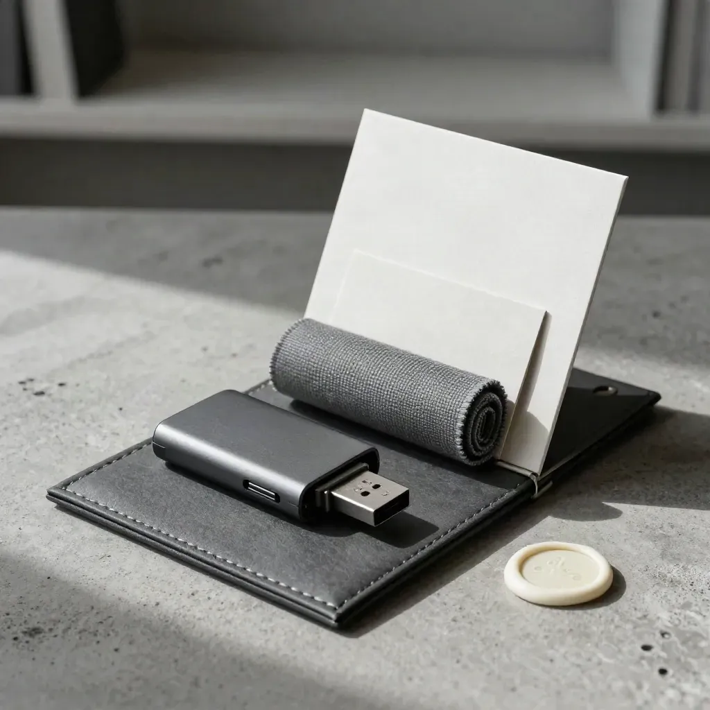 Archivhülle, USB-Case, Stoffband und versiegeltes Päckchen auf hellem Beton.