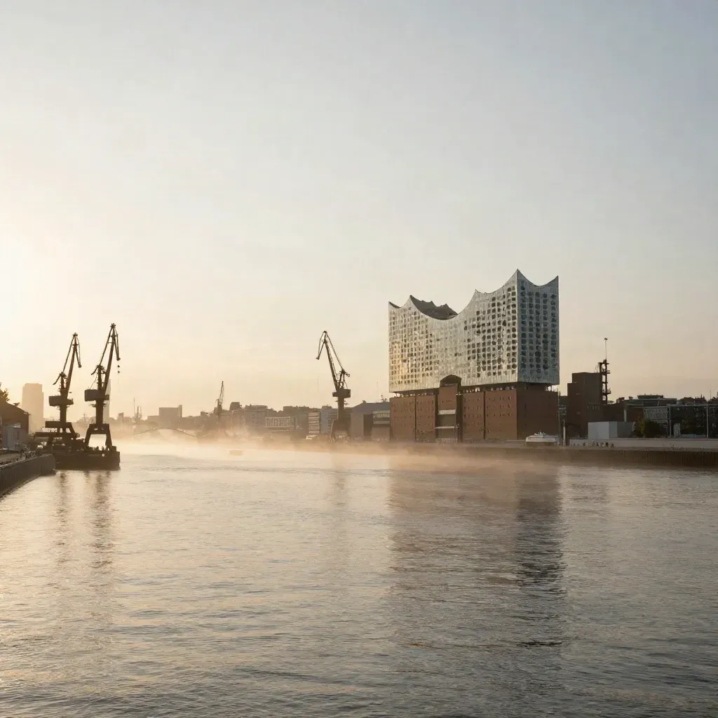 Hamburgs Hafenkräne im goldenen Nebel über ruhigem Elbwasser, Skyline hoch am Horizont.