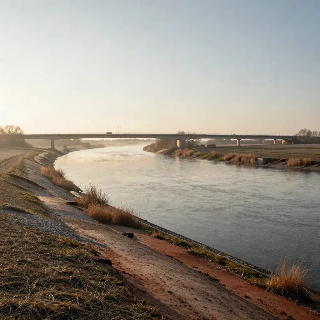 Weite Fluss- und Feldlandschaft mit ferner Brücke und ruhigem Himmel.